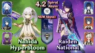 NEW SPIRAL ABYSS 4.2! C0 Nahida Furina Hyperbloom & C0 Raiden National | Floor 12 - 9 Stars