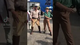 Emily Blunt and Dwayne Johnson on Jungle Cruise Set