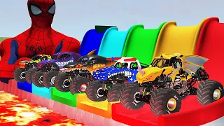 5 ANGRY MONSTER TRUCKS VS COLOR WATER SLIDE GAME