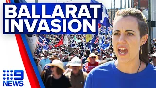 Vaccine mandate protesters hit Ballarat, claim similarities to Eureka Stockade | 9 News Australia