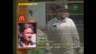 Curtly Ambrose knocks over Mark Waugh and Ian Healy