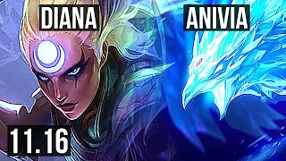 DIANA vs ANIVIA (MID) | 7/1/4, 1200+ games, 1.4M mastery, Godlike | BR Challenger | v11.16
