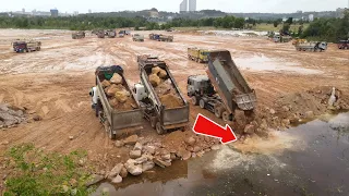 Incredible Activities Of Komatsu Dozer and Dump Trucks Operated Filling Up Stone Mixed Rock Into ,,
