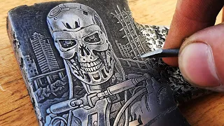 Drawing on metal. Ax restoration. How to draw robots on metal