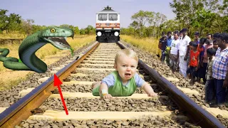 Baby Crying on Train Track And Black Anaconda Snake STOP The High Speed Train | VFX Funny Video edit