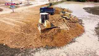 GREAT team work Fill up land full video 3H Processing by Dump Truck with Dozer KOMATSU DR51PX & D20P