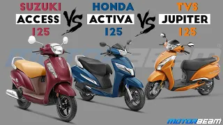 TVS Jupiter vs Honda Activa vs Suzuki Access - Most Comfortable 125cc Scooter? | MotorBeam हिंदी