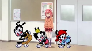 Yakko, Wakko, and Dot dance while Satania cries