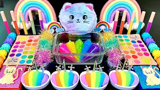 [ASMR]Mixing "Rainbow Cute Cat" Eyeshadow, Glitters Into Clear Slime satisfying 고양이 슬라임(224)