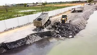 Insane!!! Landslip And Repair Back By Shantui Bulldozer And 25T Dump Trucks Loading Into Water