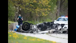 TWO DEAD IN FIERY CRASH: Mangled wreckage of a Ferrari on Mississauga road