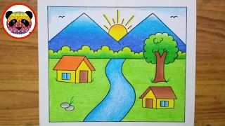 Scenery Drawing / Very Easy Scenery Drawing / How to Draw Landscape Scenery / Village Scenery Draw