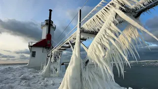 St. Joseph lighthouse encased in ice after winter storm