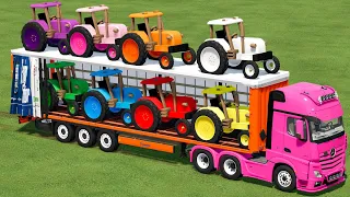 TRANSPORTING TOY DIY MINI COLORED TRACTORS WITH MERCEDES TRUCK ! Farming Simulator 22