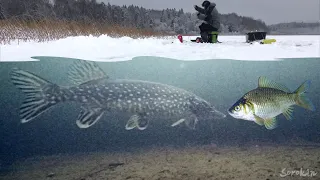 Мощные поклёвки ЩУКИ, ОКУНЯ и ПЛОТВЫ на КАРАСЯ и МОРМЫШКУ! Подводная съемка