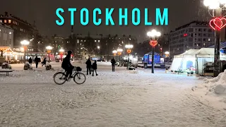 Stockholm, Sweden | Snowy Rush Hour Walking Tour 4K