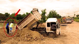 Small Bulldozer Pushing Dirt to Filling a Land With 5T Dump Truck!! Nice Project Nice teamwork!!