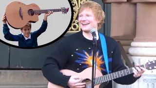 Ed Sheeran gives away his guitar to 10 year old fan during impromptu street gig in Ipswich UK