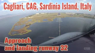 Cagliari, Sardinia Island, Italy: Approach and landing runway 32. Cockpit view. With ATC + ATIS. 4k.