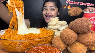 CHEESY SPICY FIRE NOODLES 🍝CRISPY CHEESY CHICKEN DRUMSTICKS KEBABS 🍗 WITH CHICKEN MOMOS |MUKBANG🔥