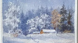 Сугробы, тени, заснеженные деревья. Рисуем зиму. Видео без ускорения, с пояснениями. #watercolor