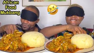 BLINDFOLD EATING CHALLENGE GONE WRONG? || AFRICAN FOOD MUKBANG || ASMR OKRA SOUP AND FUFU EATING