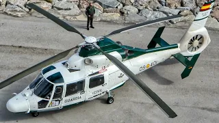 Guardia Civil Aerospatiale AS365 Dauphin II helicopter startup and takeoff from Barcelona heliport