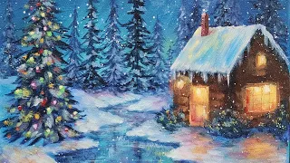How to Paint a Cozy Christmas Cabin Acrylic Painting LIVE Tutorial
