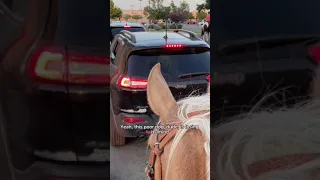 Group of horses and their riders go through McDonald's drive through.