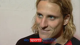 Diego Forlan after scoring his first Premier League goal for Manchester United