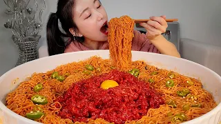 ASMR 새벽에🌃 육회비빔면이라니🙈💕 6 Spicy and cold stir-fried ramen, 1.5kg Beef Tartare Mukbang