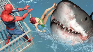 GTA 5 MEGALODON vs SPIDERMAN Jumps/Fails | Water Ragdolls ep.100 (GTA5 Euphoria Physics Funny)