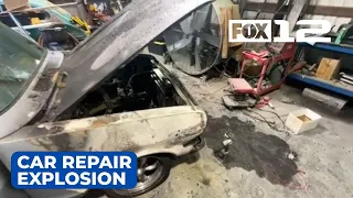 Family in “survival mode” after father and son catch fire in car repair explosion