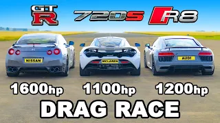 1200hp Audi R8 v 1600hp GT-R v 1100hp McLaren 720S: DRAG RACE