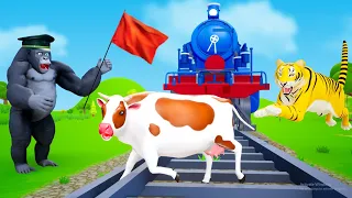 Cow Train🚇Crossing | Accident😱 - Cow Saves a Baby Tiger🐯| Railway Gate Crossing | Funny Animals 2022