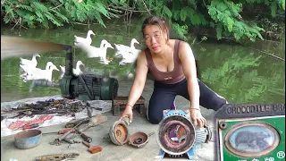 She repaired the old alligator pump and restored it to good as new condition