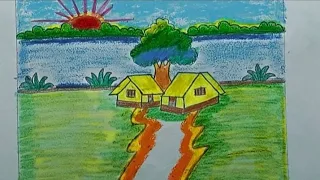 simple village scenery drawing 💗painting Easy🤩