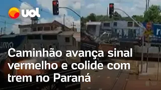 Vídeo flagra momento em que trem arrasta caminhão que avançou sinal vermelho no Paraná; veja