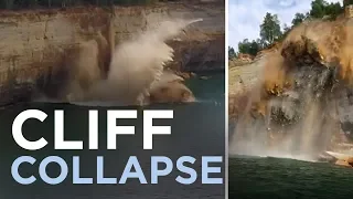 Cliff collapses into lake, narrowly missing kayakers