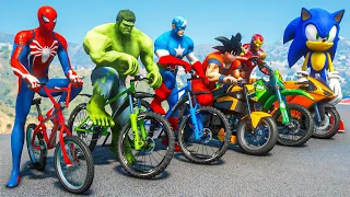 Hulk, SpiderMan, IronMan Bicycle & Motor WIPEOUT OBSTACLES Rooftop Challenge EP.502