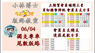 06/04【今彩539】獨支、尾數版路 賀上期會員大豐收順開三星 月初強勢牌訊會員主支分享 歡迎訂閱分享 #今彩539 #539版路 #539獨支