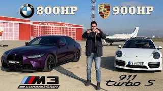 900hp Porsche 911 Turbo S vs 800hp BMW M3 Competition Drag Race