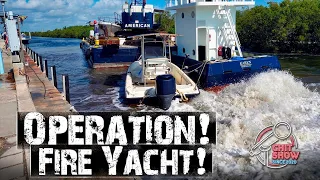 Giant Barge Removes Burned Yacht out of Biscayne Bay (Tow Boat Miami)