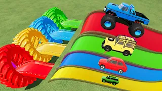 BIG & MINI CAR vs SLIDE COLORS with PORTAL TRAP - CARS vs DEEP WATER! #2 - FS22