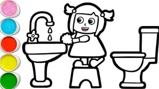 How to Draw a Cute Girl Washing Her Hands|Drawing, Painting and Coloring For Kids and Toddlers