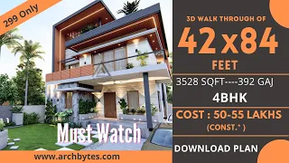 42x84 Feet Modern House Design 3D: 3 Bedrooms, 5 Bathrooms, 3 Floors, Terrace Garden - 392 Gaj