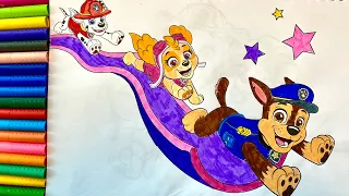 Draw and color the PAW Patrol characters Chase the Racer, Skye and Marshall run to the rescue