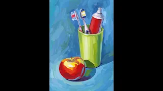 Рисование гуашью. Натюрморт с яблоком и зубной пастой.