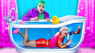 Testing Toilet Hacks Harley Quinn VS Joker! Surviving in Toilet for 24 hrs*Transformed Toilet for 1$