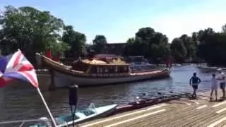 Queen's Row Barge Gloriana passes Eton College boat houses